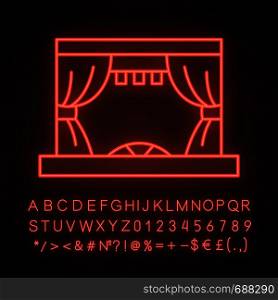 Theater stage neon light icon. Cinema. Concert stage. Opera or ballet scene. Glowing sign with alphabet, numbers and symbols. Vector isolated illustration. Theater stage neon light icon