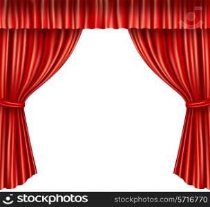 Theater stage red velvet open retro style curtain isolated on white background vector illustration