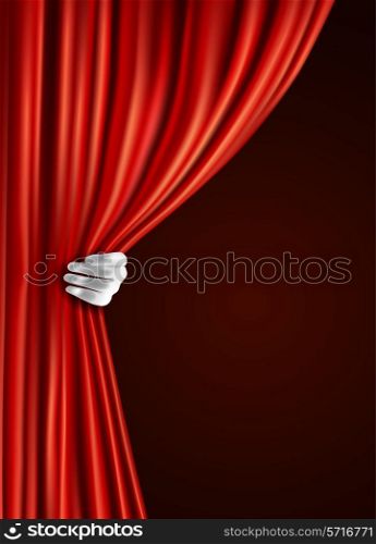Theater stage red velvet open retro style curtain with human hand in glove background vector illustration.