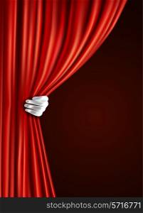 Theater stage red velvet open retro style curtain with human hand in glove background vector illustration.