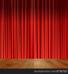 Theater stage scene with wooden floor red velvet vintage style curtain background vector illustration.