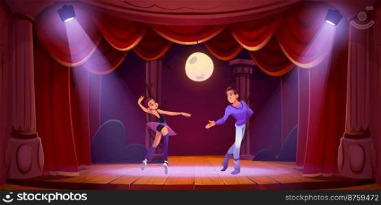 Theater stage with ballet dancers couple and backdrop of night landscape. Ballerina in tutu dance with man on wooden scene with red curtains, columns and spotlights, vector cartoon illustration. Theater stage with ballet dancers couple