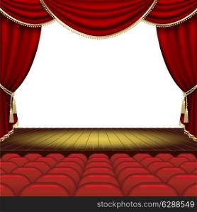 Theater stage with red curtain. Clipping Mask. Mesh.