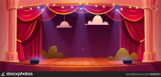 Theater stage with red curtains and spotlights. Vector cartoon illustration of theatre interior with empty wooden scene, luxury velvet drapes and decoration with clouds and bushes. Vector cartoon theater stage with red curtains