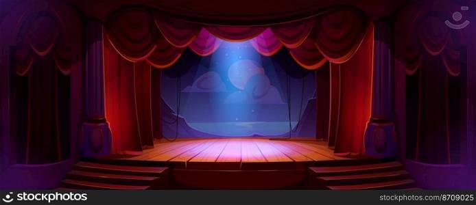 Theater stage with red curtains, spotlights and decor night ocean, moon and clouds. Theatre interior with empty wooden scene, luxury velvet drapes and stairs, music hall cartoon Vector illustration. Theater stage with red curtains, spotlights, decor