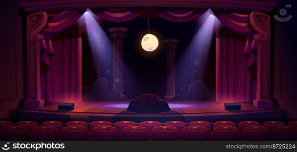 Theater stage with red curtains, spotlights and moon. Theatre interior with empty wooden scene, luxury velvet drapes and decoration, music hall, opera, drama cartoon background, Vector illustration. Theater stage with red curtains, spotlights, moon