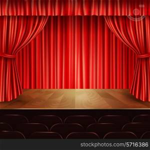 Theater stage with seats red velvet open retro style curtain background vector illustration