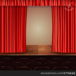 Theater stage with seats wooden floor and red velvet open retro style curtain background vector illustration