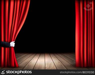 Theater stage with wooden floor and open red curtains. Vector.