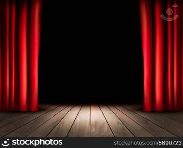 Theater stage with wooden floor and red curtains. Vector.