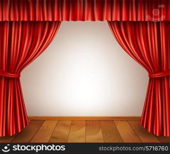 Theater stage with wooden floor red velvet open retro style curtain isolated on white background vector illustration
