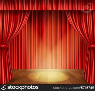 Theater stage with wooden floor red velvet retro style curtain and spotlight background vector illustration