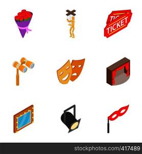 Theatre acting performance icons set. Isometric 3d illustration of 9 theatre acting performance vector icons for web. Theatre acting performance icons set