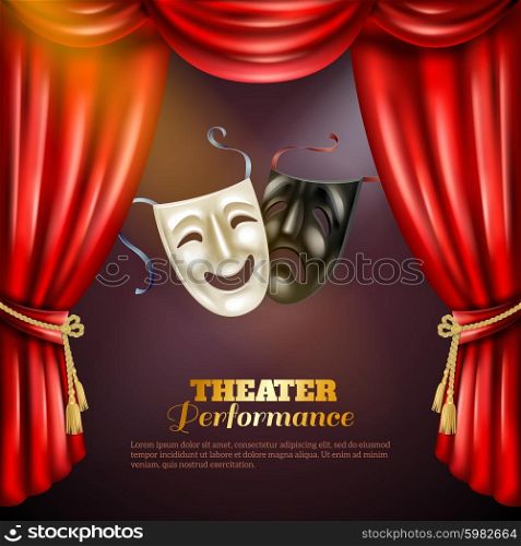 Theatre Background Illustration . Theatre performance realistic background with comedy and tragedy masks vector illustration