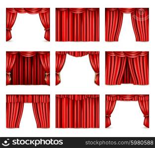 Theatre Curtain Icons Set. Different models of red theatre curtain icons set realistic isolated vector illustration