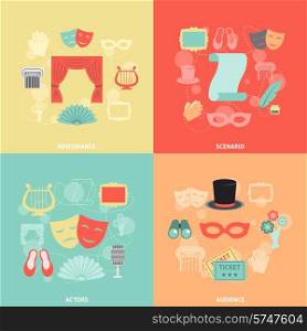 Theatre design concept set with performance actors scenario audience flat icons isolated vector illustration