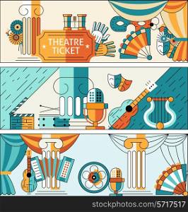 Theatre flat line banner set with ticket decorations masks isolated vector illustration