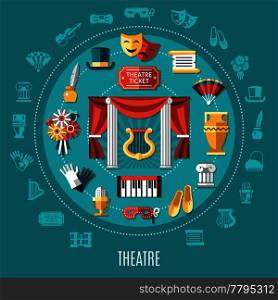 Theatre flat round composition with colored icon set combined in big circle vector illustration. Theatre Round Composition