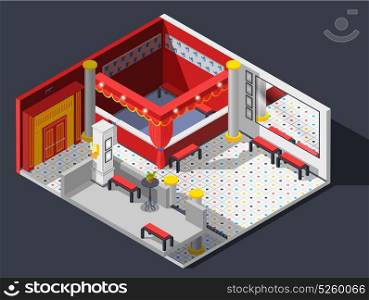 Theatre Hall Composition . Theatre hall isometric composition with lights benches and mirror vector illustration
