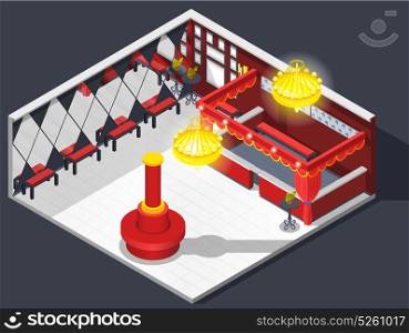 Theatre Hatcheck Room Composition. Theatre isometric interior composition of checkroom lobby furniture dressing area with mirrors seats and luminant chandeliers vector illustration