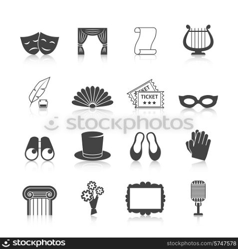 Theatre icon set black with mask curtain scroll harp isolated vector illustration