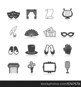 Theatre icon set black with mask curtain scroll harp isolated vector illustration