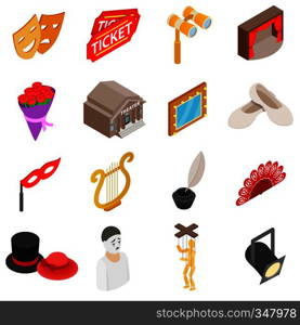 Theatre Icons set in isometric 3d style isolated on white background. Theatre Icons set, isometric 3d style