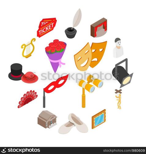 Theatre Icons set in isometric 3d style isolated on white background. Theatre Icons set, isometric 3d style