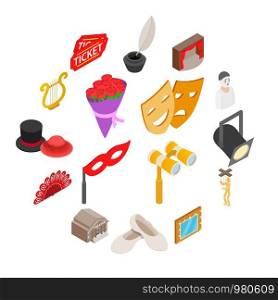 Theatre Icons set in isometric 3d style isolated on white background. Theatre Icons set, isometric 3d style
