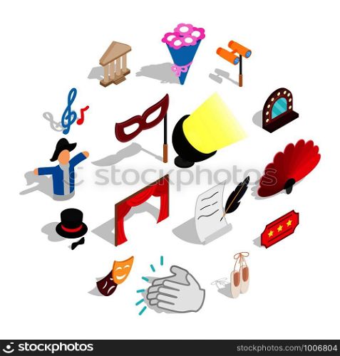 Theatre icons set in isometric 3d style. Theatre acting performance elements set collection vector illustration. Theatre icons set , isometric 3d style