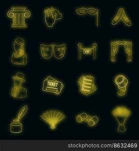 Theatre icons set in neon style. Theatre acting perneon color on black. Theatre icons set vector neon
