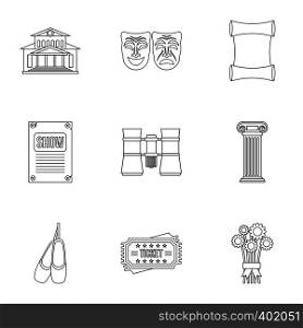 Theatre icons set. Outline illustration of 9 theatre vector icons for web. Theatre icons set, outline style
