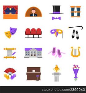 Theatre icons set with stage and performance symbols flat isolated vector illustration . Theatre Icons Set