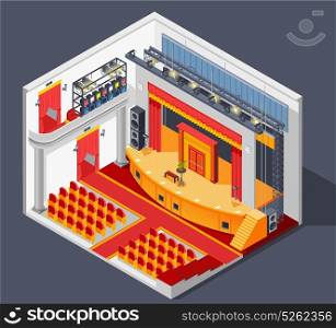 Theatre Interior Composition . Theatre interior isometric composition with lights stage and scenery vector illustration