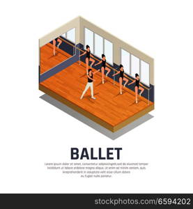 Theatre isometric icons composition with editable text and human characters of ballet dancers in rehearsal hall vector illustration. Theatre Ballet Practice Background