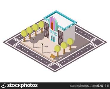 Theatre Isometric Illsutration. Theatre building isometric composition with road bench and trees vector illustration