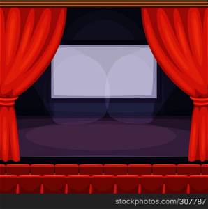 Theatre or cinema stage with red curtains. Vector background in cartoon style. Curtain on cinema stage or theater, illustration of red velvet decoration. Theatre or cinema stage with red curtains. Vector background in cartoon style