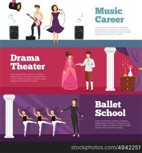 Theatre People Banners Set . Theatre people banners set with ballet school and music career flat isolated vector illustration