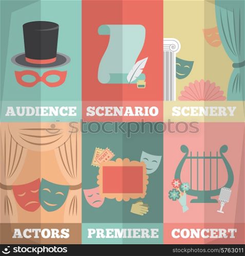 Theatre poster mini set with audience scenario scenery actors premiere concert isolated vector illustration