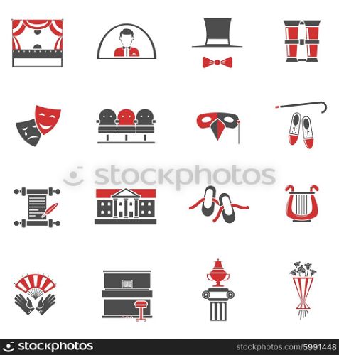 Theatre Red Black Icons Set . Theatre red black icons set with comedy and tragedy symbols flat isolated vector illustration