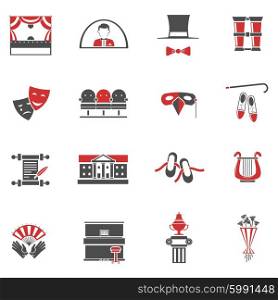 Theatre Red Black Icons Set . Theatre red black icons set with comedy and tragedy symbols flat isolated vector illustration