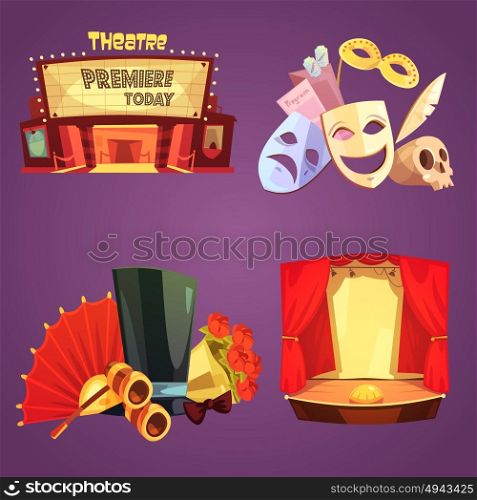 Theatre Retro Cartoon 2x2 Icons Set. Theatre stage decorations and props retro cartoon 2x2 flat icons set isolated vector illustration