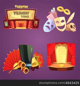 Theatre Retro Cartoon 2x2 Icons Set. Theatre stage decorations and props retro cartoon 2x2 flat icons set isolated vector illustration