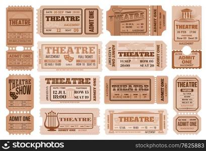 Theatre retro tickets, theater admits templates. Vector coupons performance access with date, time, seat and row number, price and separation line. Vintage paper cards set for entertainment entry. Theatre retro tickets, theater admits templates