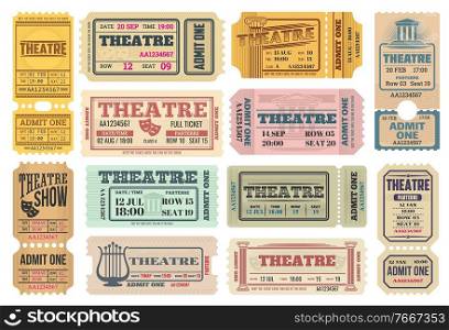 Theatre show, actors performance retro tickets set with comedy and tragedy masks, lira musical instrument and ancient greece columns vector. Theater admission pass, admit one with tear-off perforation. Theatre show, actors performance retro tickets set