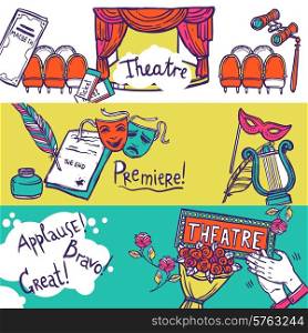 Theatre stage performance horizontal banner set with hand drawn elements vector illustration