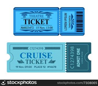 Theatre ticket cruise coupon set of vector illustrations pass admissions to entertainment and travelling event with control check code in blue colors. Theatre Ticket Cruise Coupon Vector Illustrations