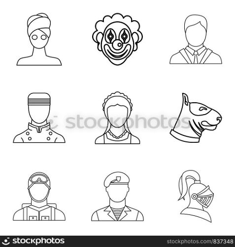 Theatrical character icons set. Outline set of 9 theatrical character vector icons for web isolated on white background. Theatrical character icons set, outline style