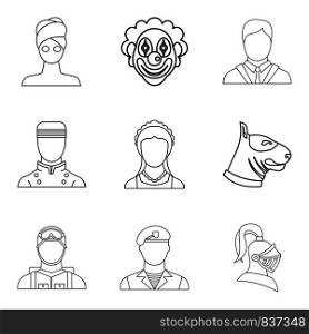 Theatrical character icons set. Outline set of 9 theatrical character vector icons for web isolated on white background. Theatrical character icons set, outline style