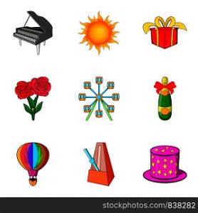 Theatrical evening icons set. Cartoon set of 9 theatrical evening vector icons for web isolated on white background. Theatrical evening icons set, cartoon style